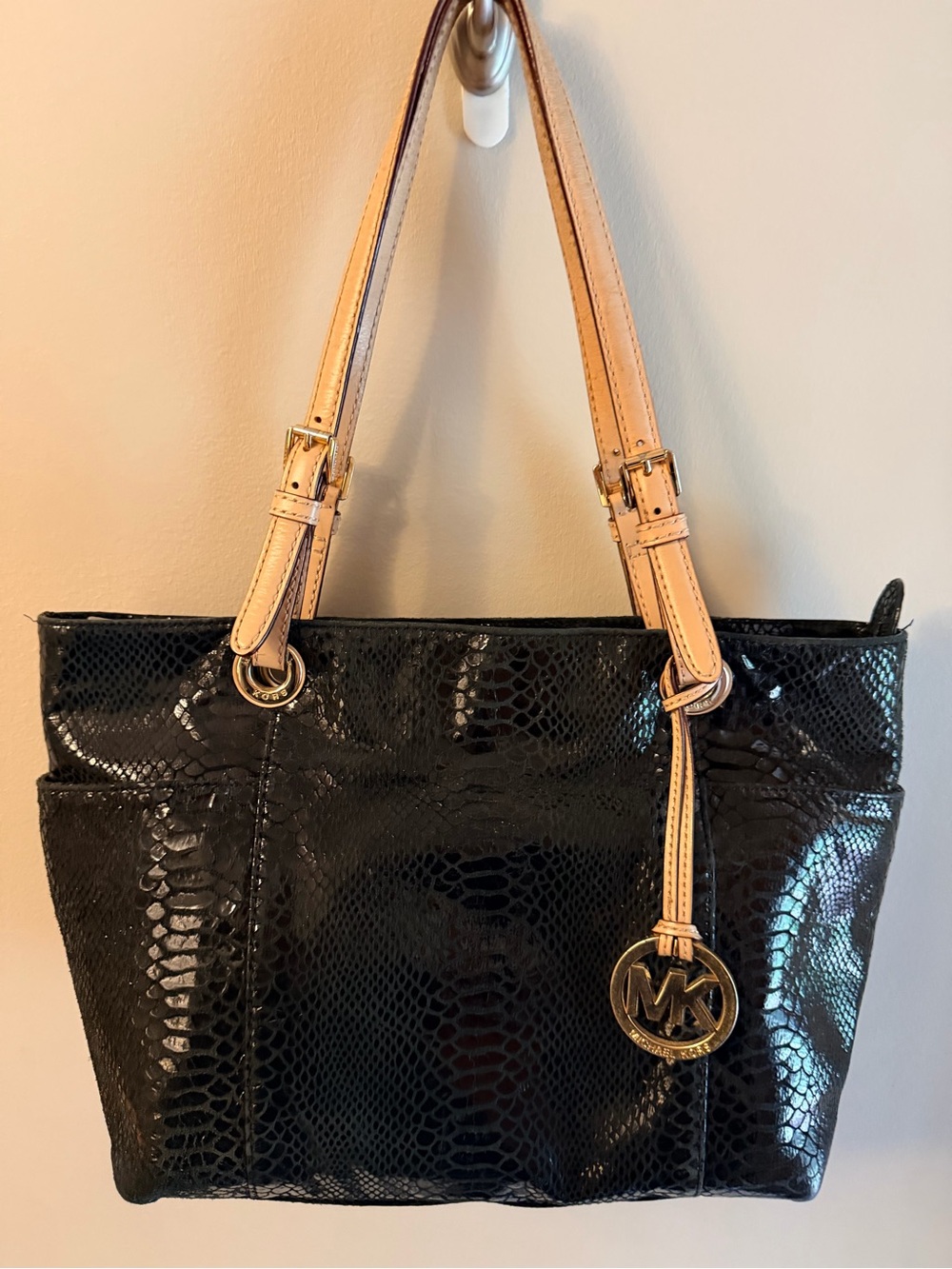 Michael Kors Black Patent Leather Tote with Tan Straps and duster bag